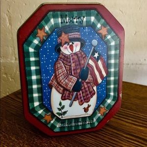 MINDY CAIN Snowman Flag Primitive Collectible Tin